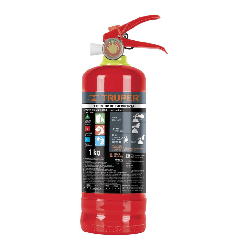 Extintor portátil recargable 1 kg, polvo tipo ABC